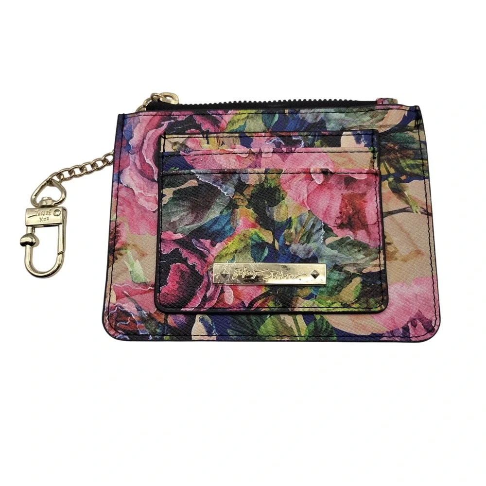 Betsey‎ Johnson Floral Card Holder Wallet Womens OS Pink Rose Gold Keychain Zip